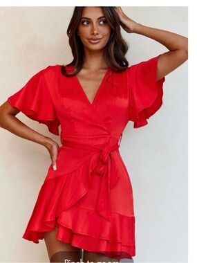 Selfie Leslie Red Wrap Ruffle Mini Dress